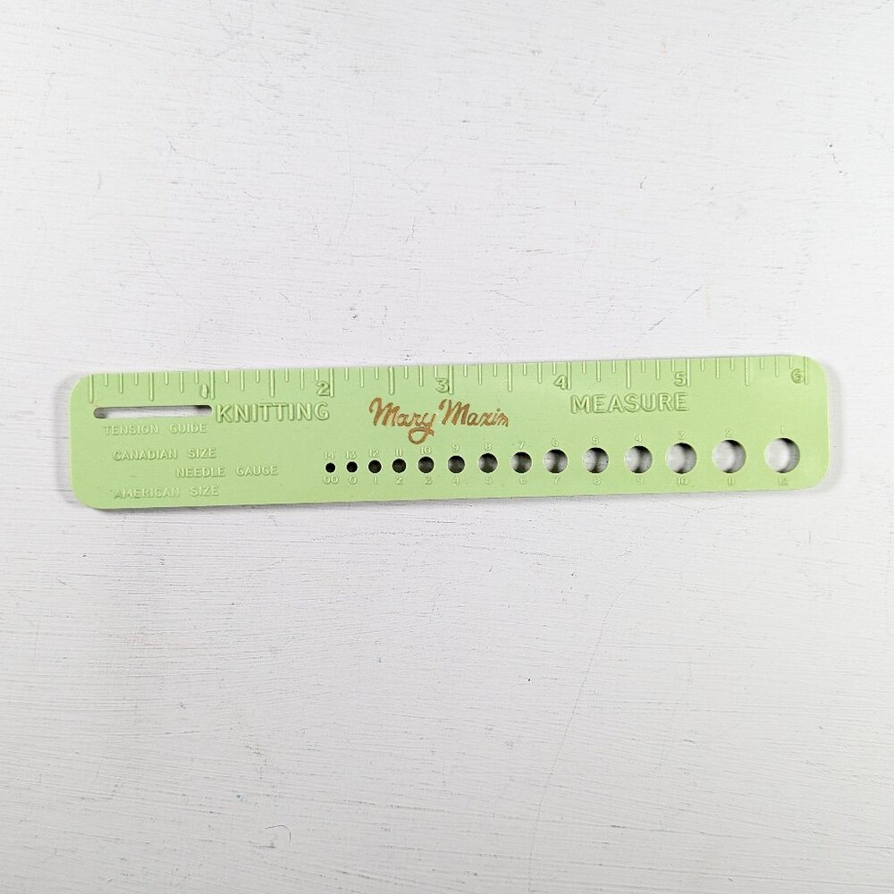 Vintage green Mary Maxim Knitting Measure for tension, needle sizing, inches